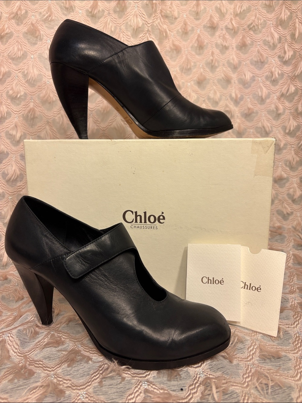 Chloe - Classic Black Leather Mary Jane Curved Heels with Strap Size 7 w/Box